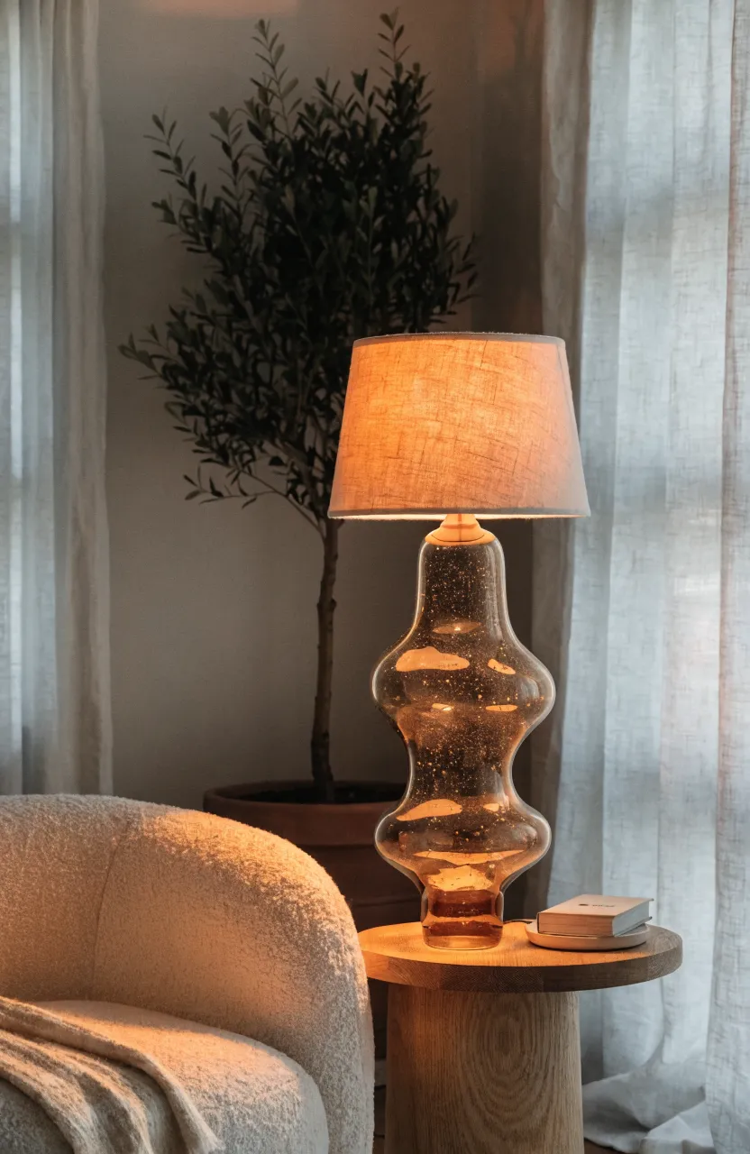 A hand-blown amber glass lamp glowing warmly on a wooden table next to a cozy chair.