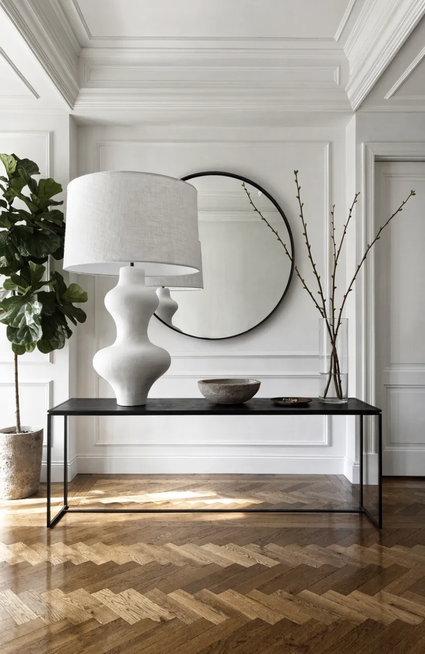 A large white ceramic lamp with an oversized shade on a console table in a grand entryway.