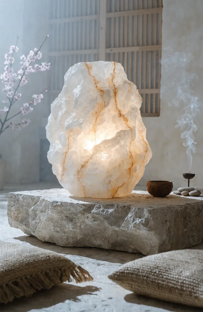 A translucent alabaster stone lamp glowing softly in a minimalist meditation room.