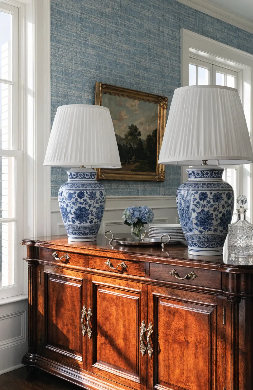 Two blue and white ceramic ginger jar lamps on a mahogany sideboard in a traditional room.