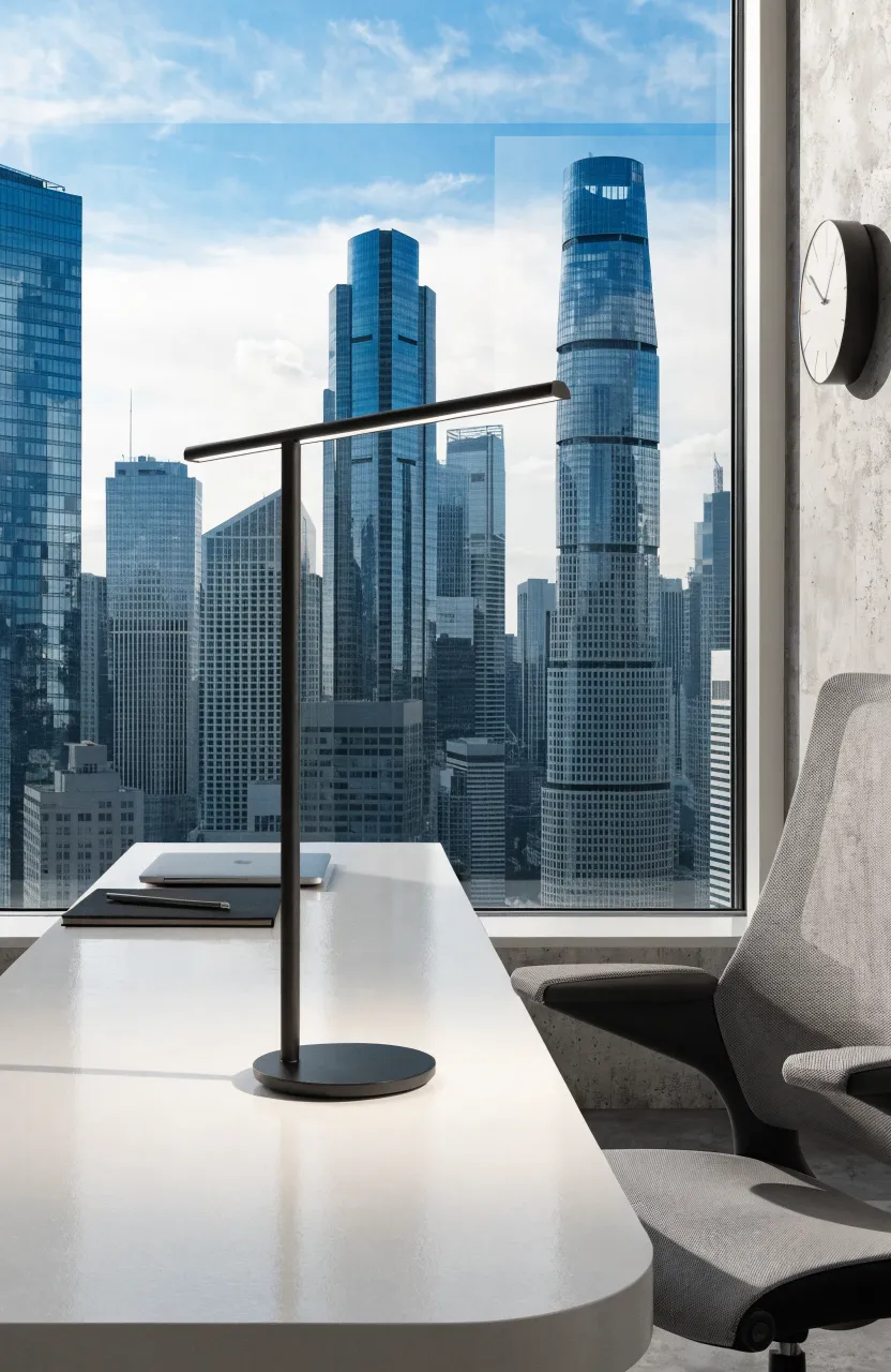 A sleek matte black minimalist lamp on a white desk in a modern office with a city view.