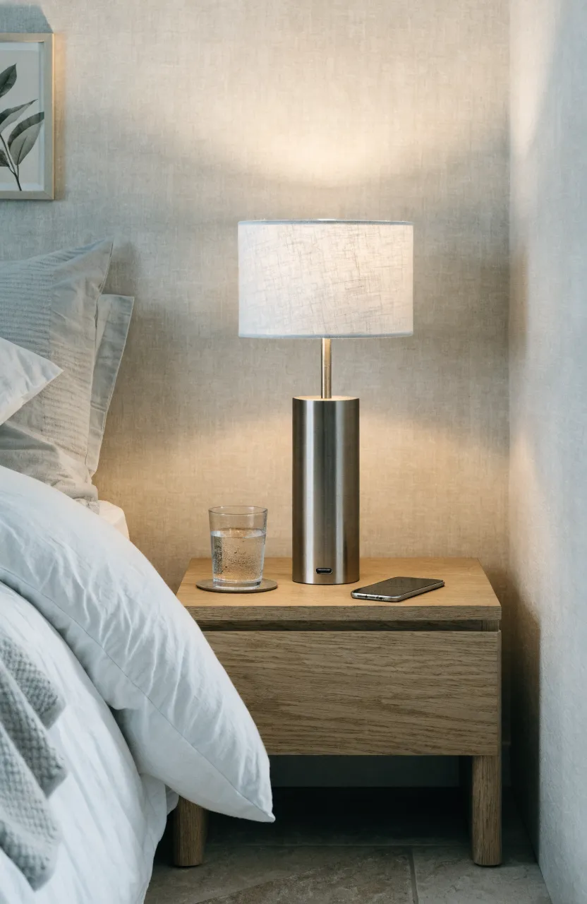 A modern touch-dimmer lamp with a nickel base on a light oak nightstand in a bright bedroom.