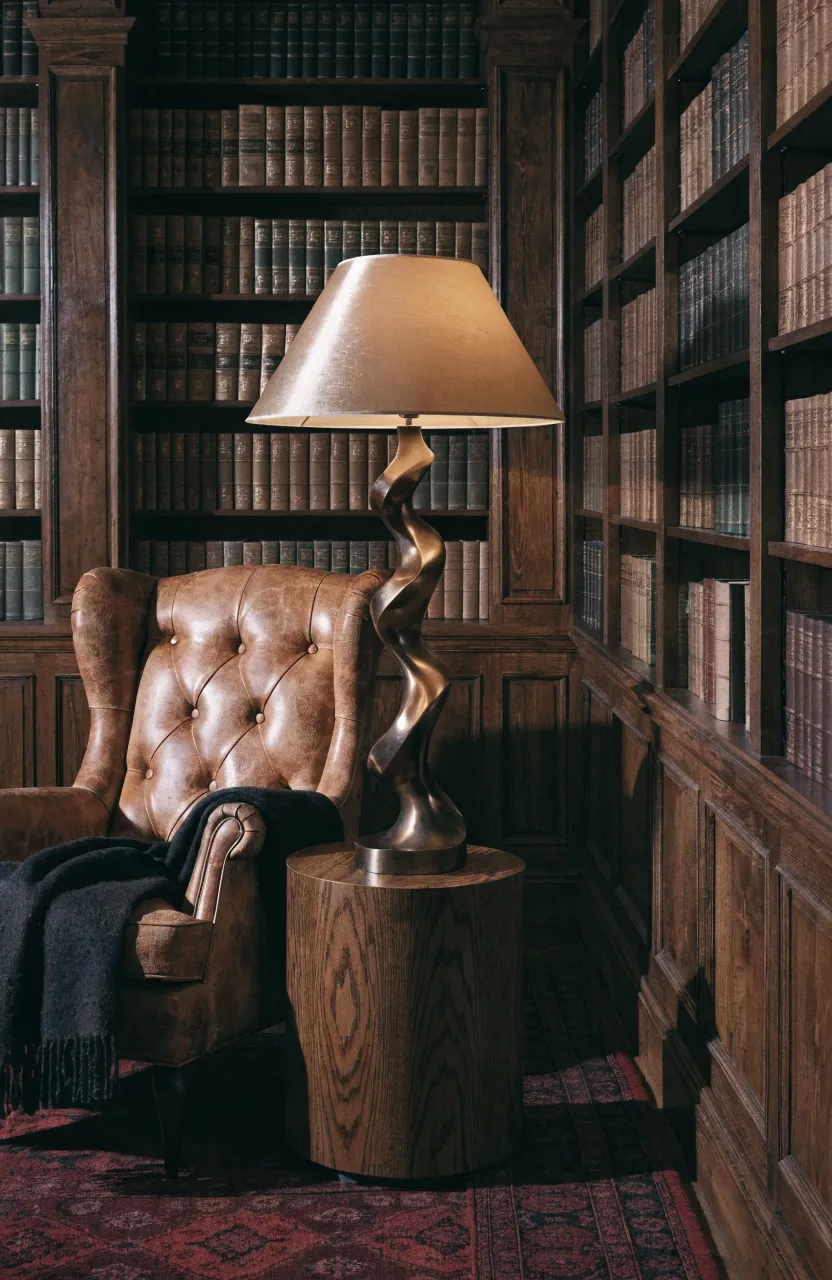 A sculptural bronze lamp with a silk shade on a walnut table next to a leather reading chair.