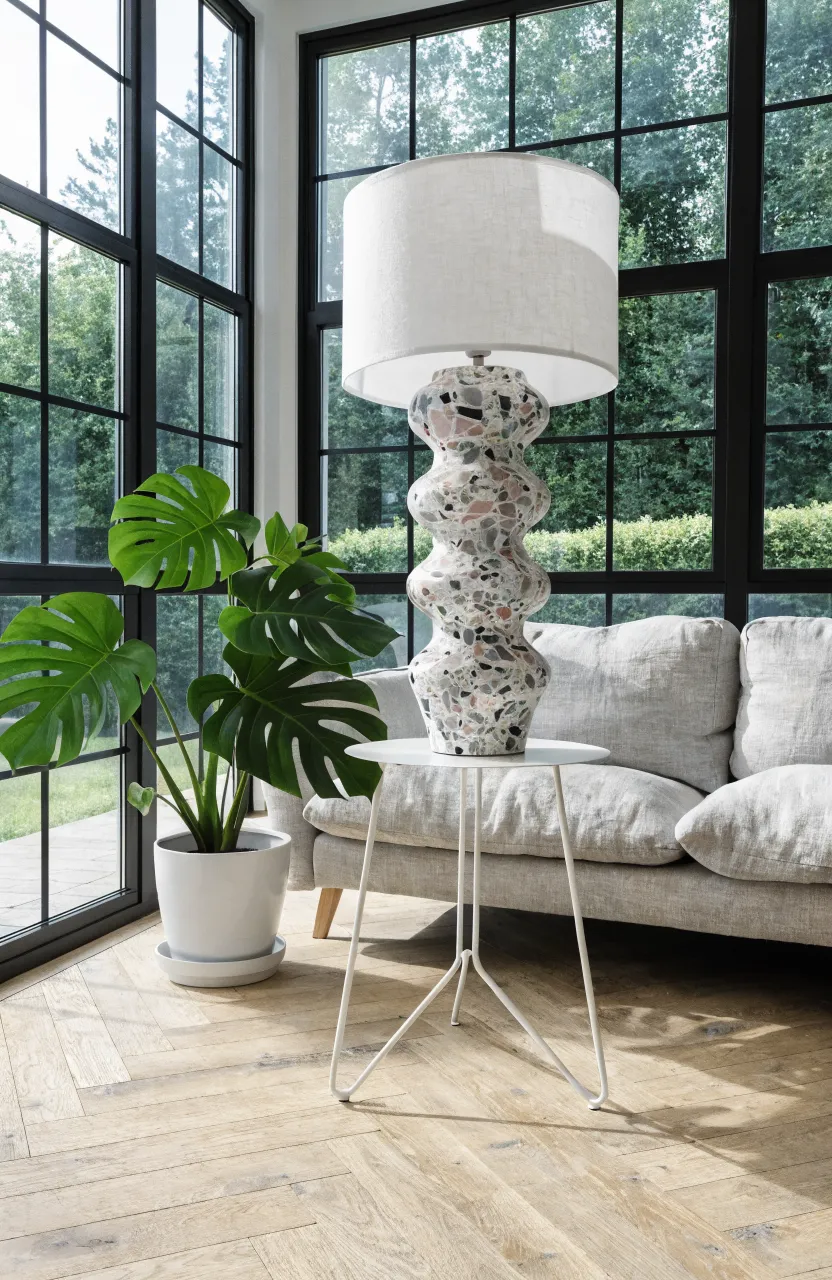 A textured terrazzo lamp with stone flecks on a white table in a bright, sunlit room with plants.