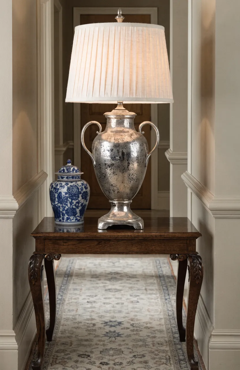 An antiqued silver urn lamp on a dark wood console table in a traditional hallway with molding.