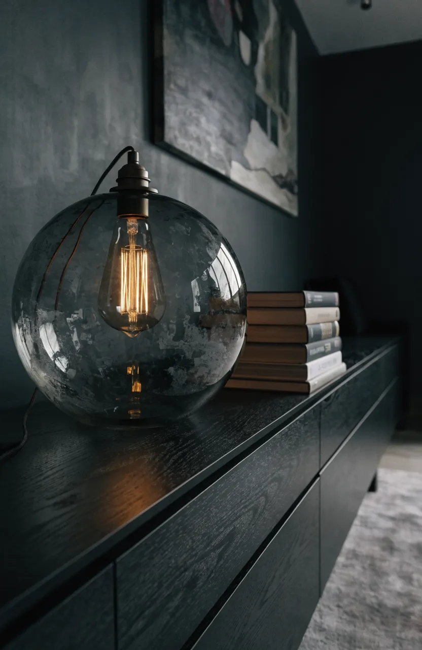 A smoked glass globe lamp with a glowing filament bulb on a sleek black console against a dark wall.