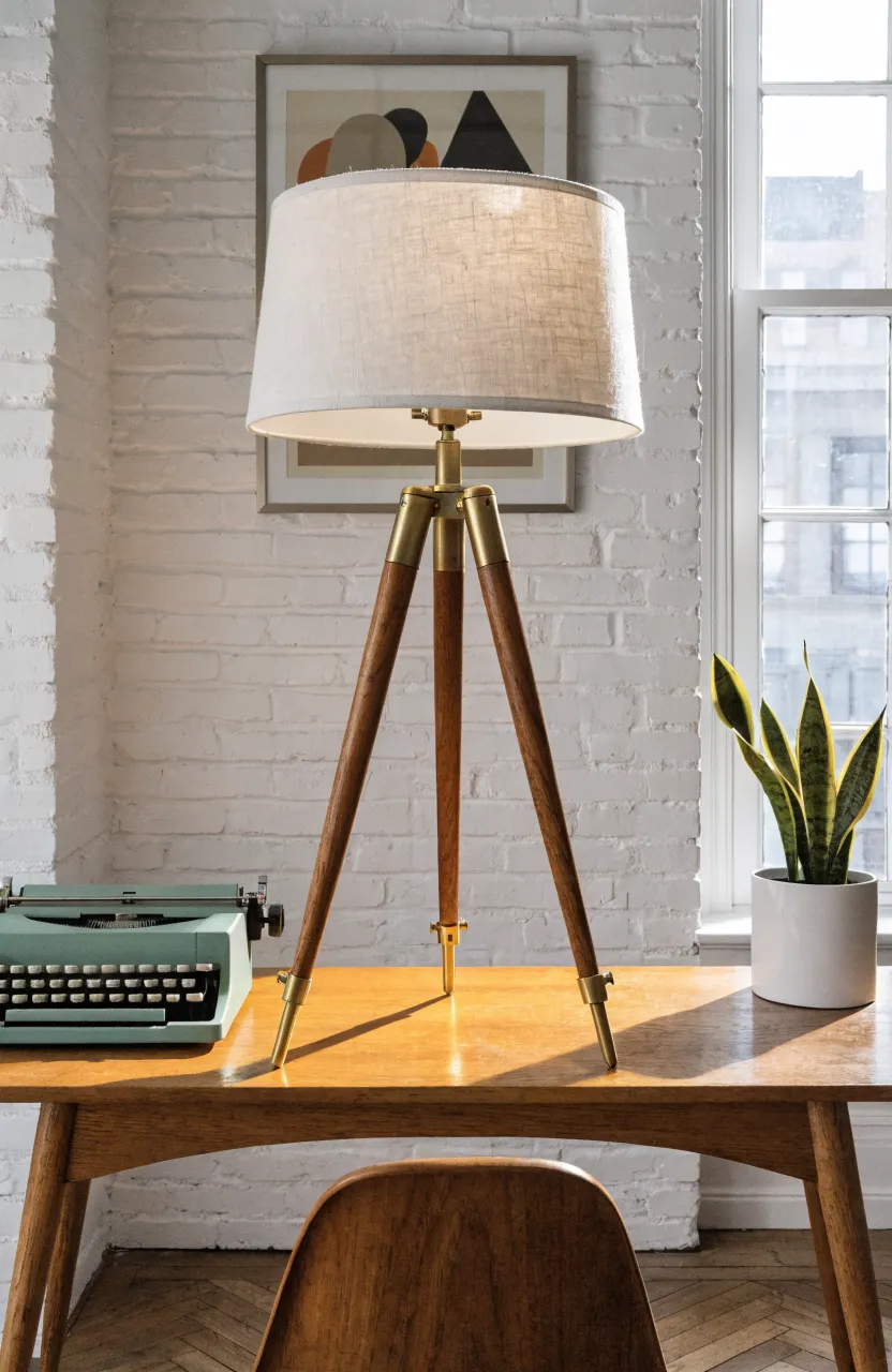 A mid-century tripod lamp with walnut legs on a vintage teak desk in a bright office.