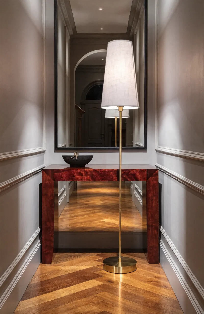 A slim brass lamp with a white shade on a narrow wooden console table in a luxury hallway.