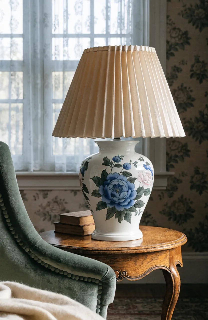 A hand-painted floral porcelain lamp on an oak table in a traditional living room.