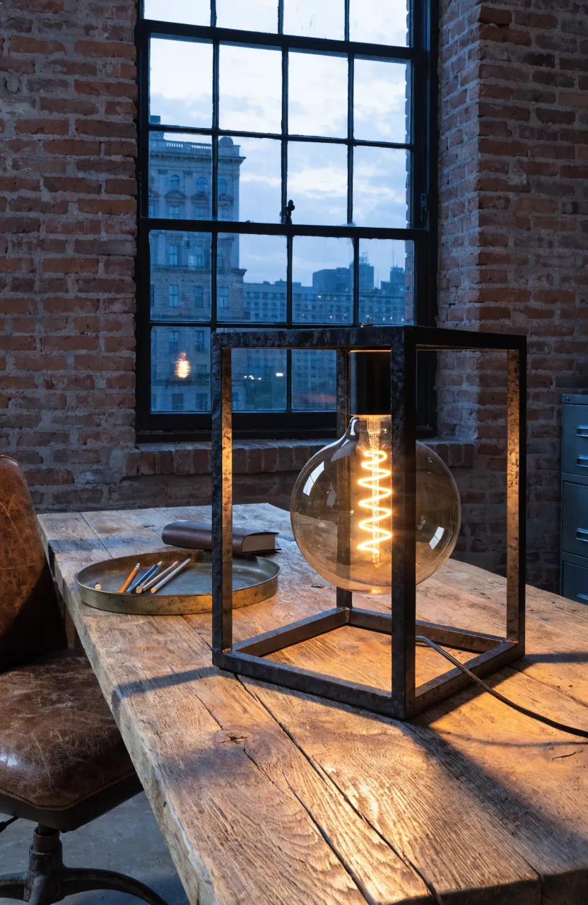 An industrial steel lamp with an exposed Edison bulb on a reclaimed wood desk.