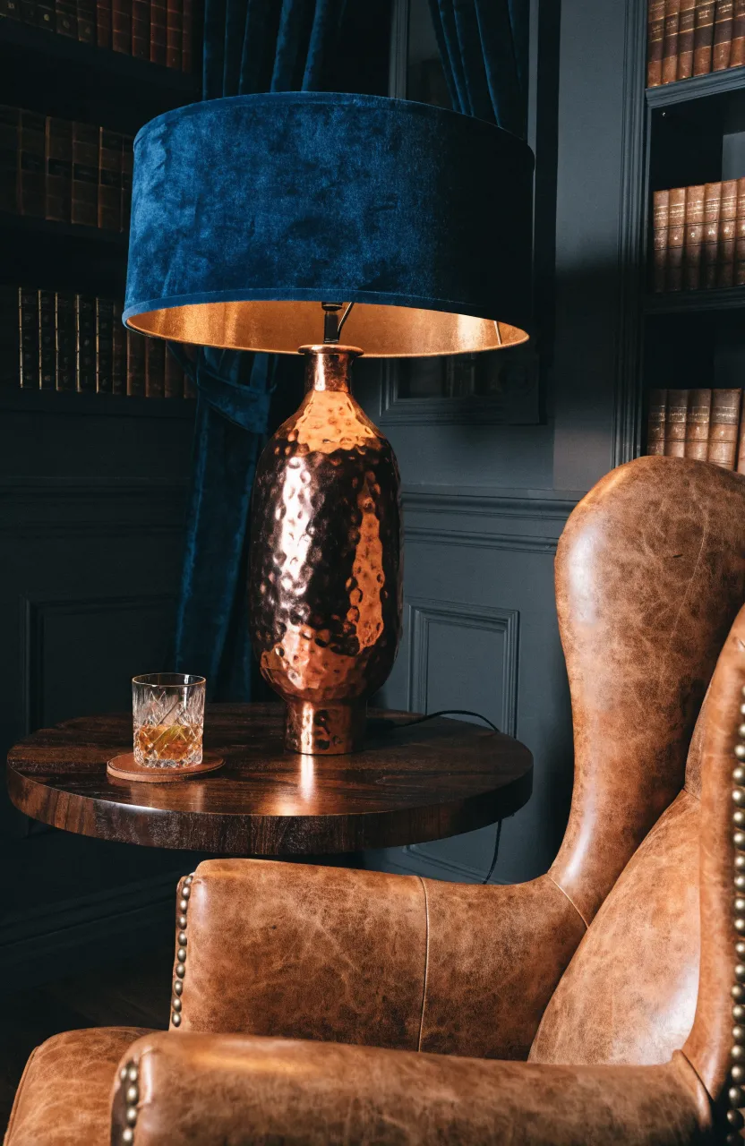 A hammered copper lamp with a navy velvet shade in a moody dark-walled library.
