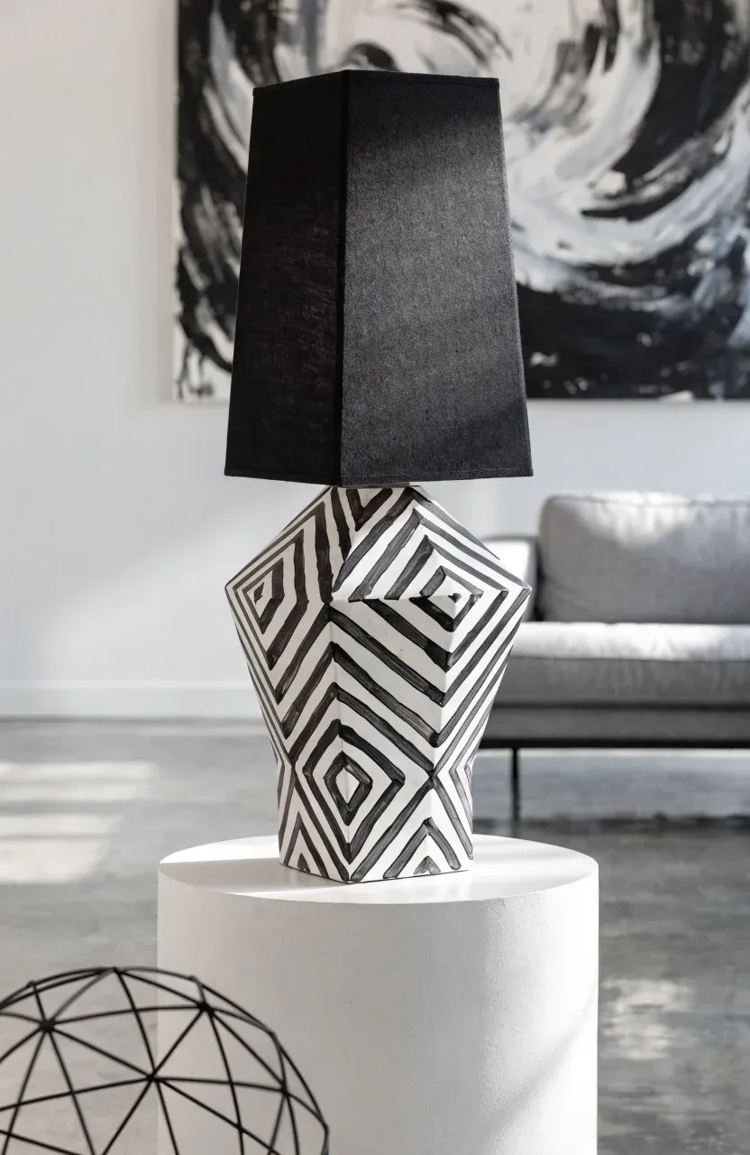 A faceted white ceramic lamp with black graphic patterns on a minimalist pedestal.