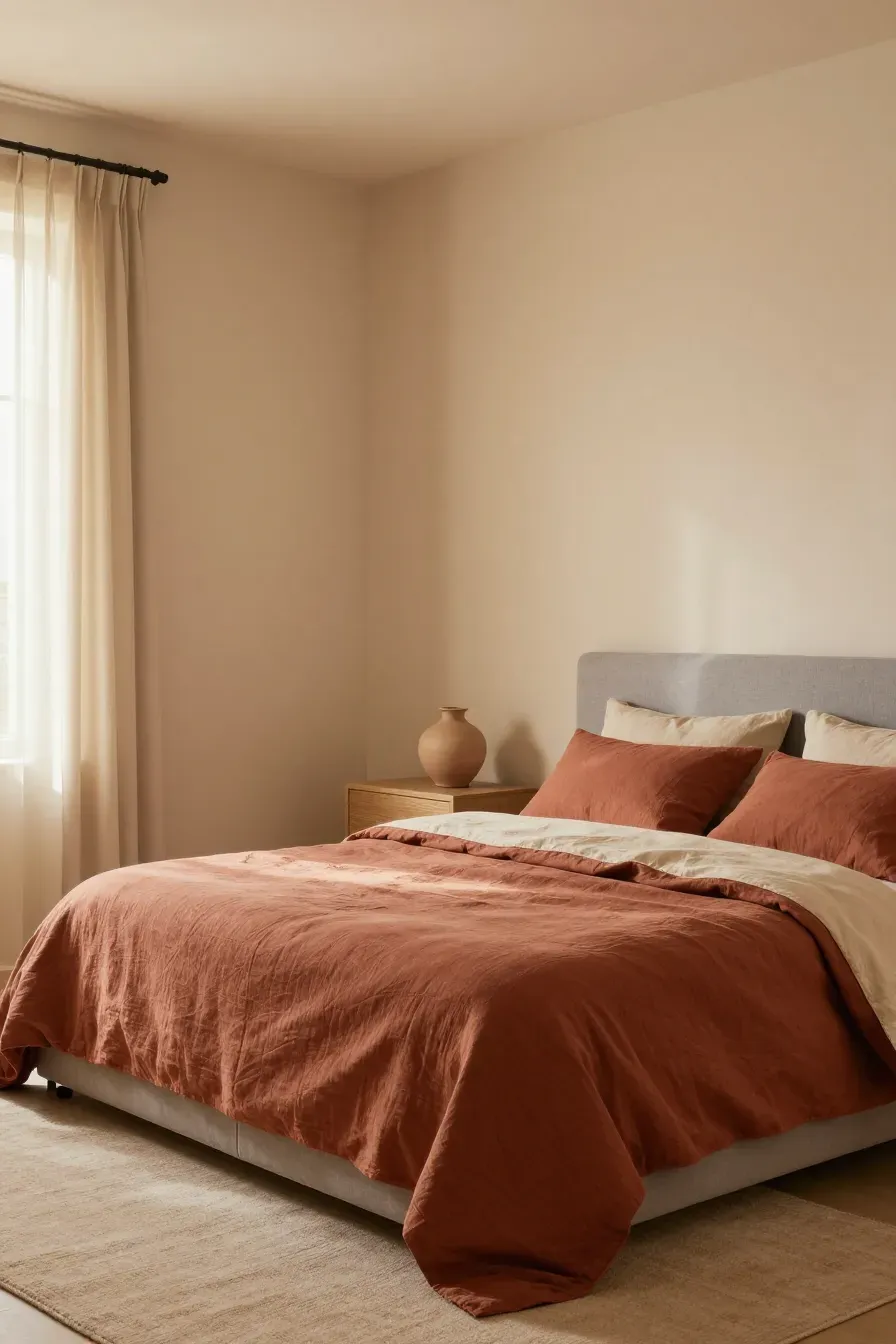 A warm neutral bedroom with terracotta bedding, oatmeal walls, and soft golden hour lighting.