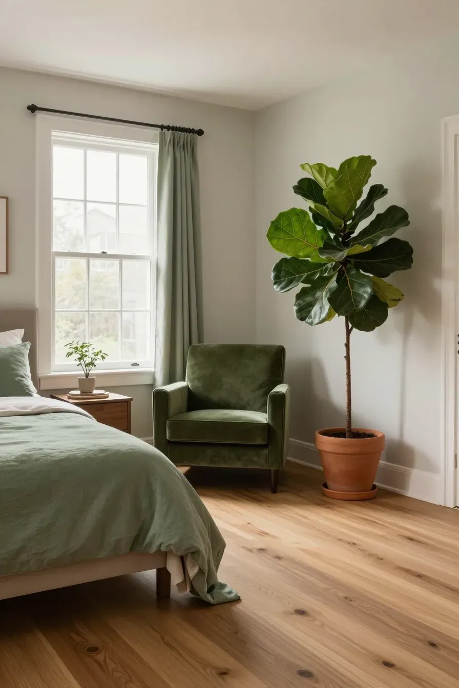 A neutral bedroom featuring an olive velvet chair, sage pillows, and a large fiddle leaf fig plant.