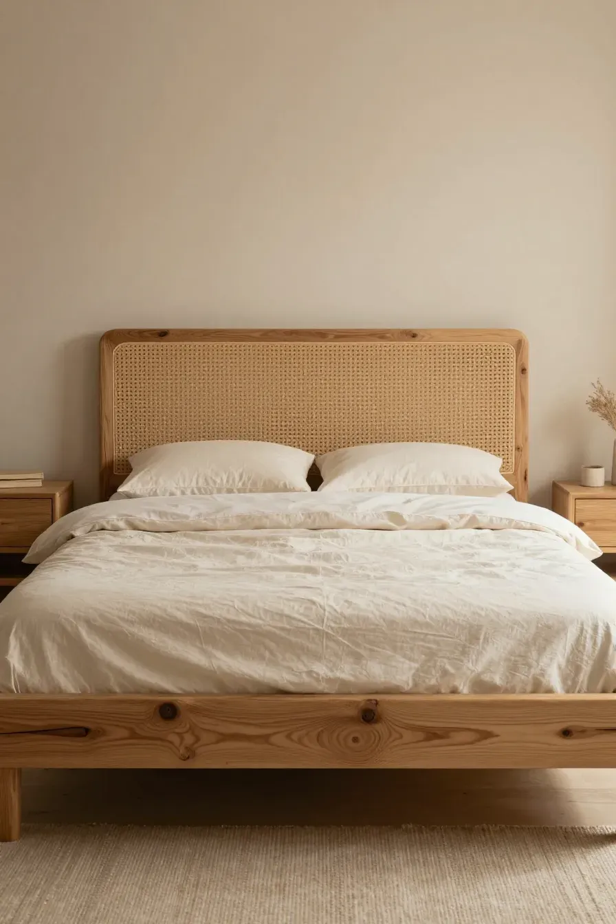 A bedroom with a rattan headboard, light oak furniture, and a reclaimed wood bed frame.