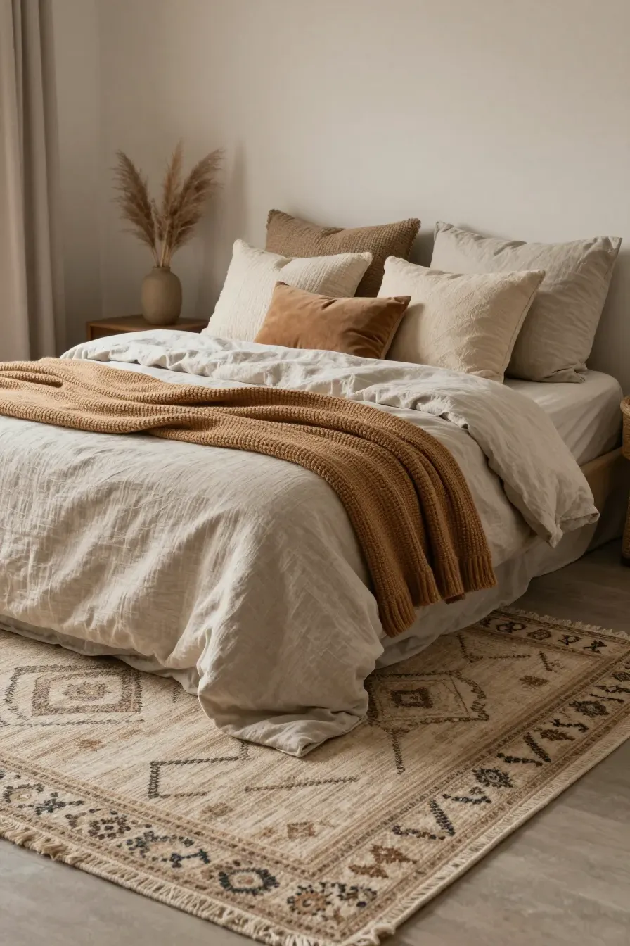 A cozy bedroom with layered linen sheets, a chunky knit throw, and a high-pile patterned rug.