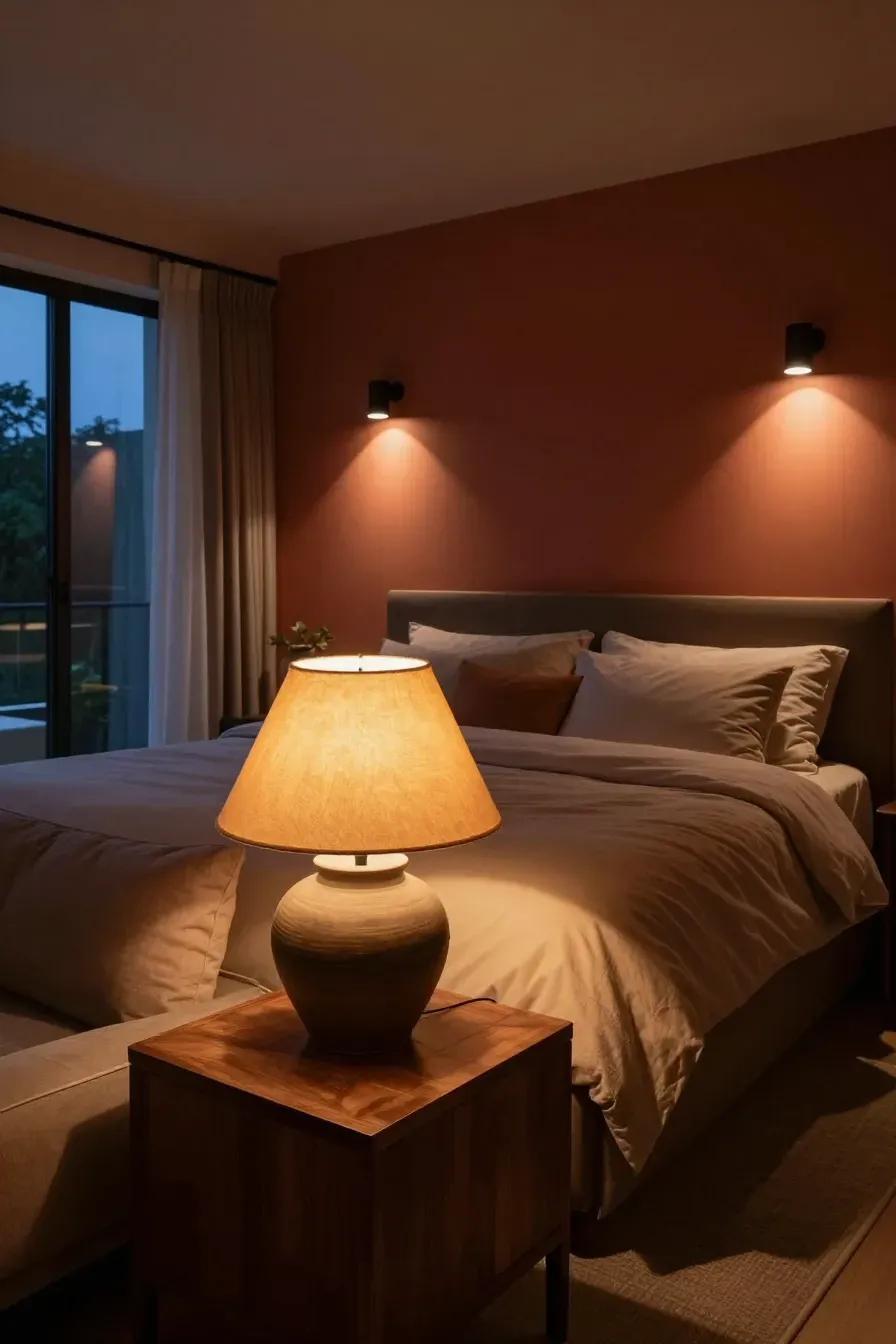 A bedroom at dusk with warm glowing lamps, matte black sconces, and soft earth-tone walls.