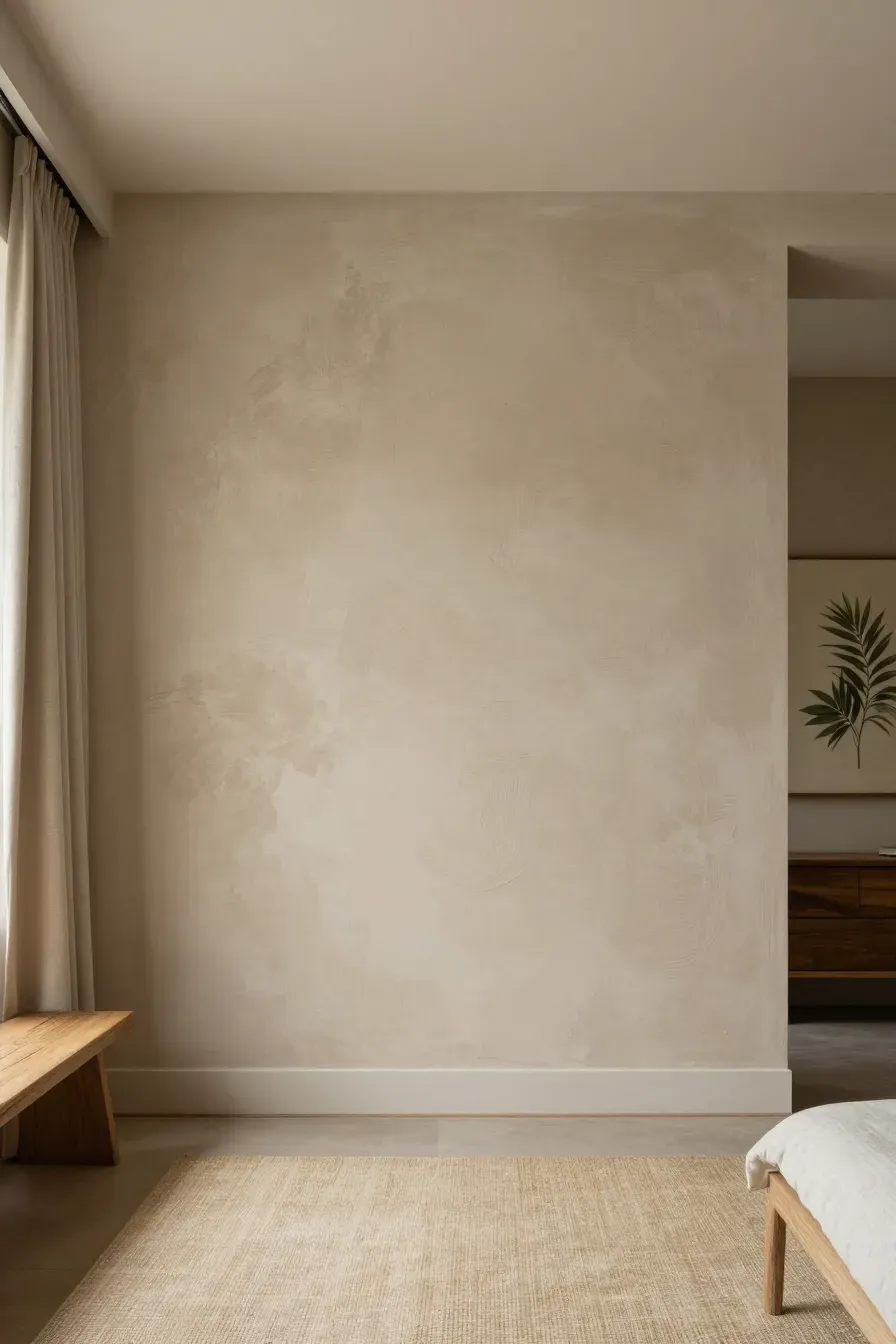 A bedroom with textured lime wash walls in taupe, featuring a minimalist wooden bench.