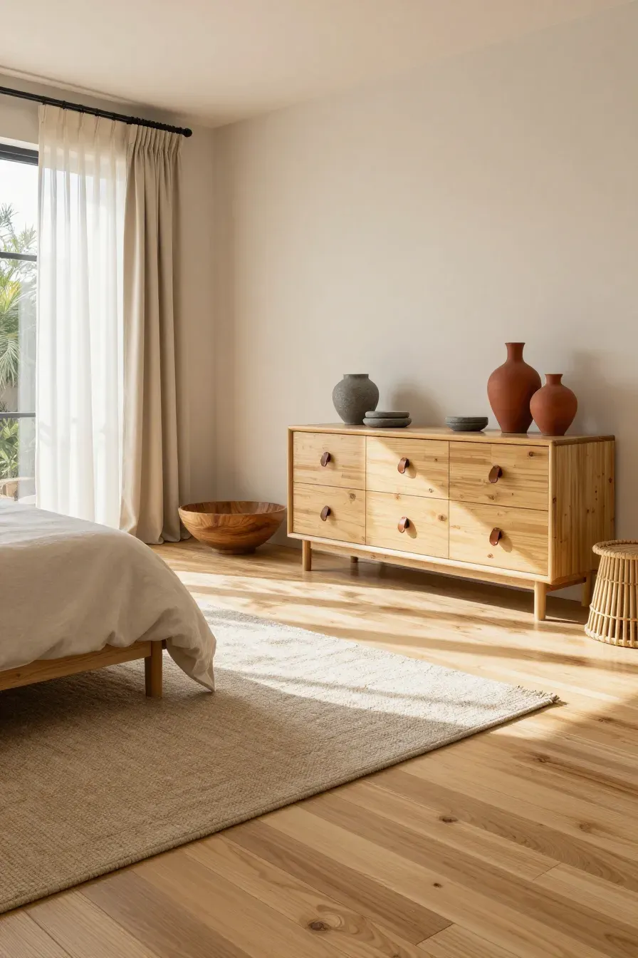 A bedroom with bamboo floors, clay vases, and leather drawer pulls in a warm neutral setting.