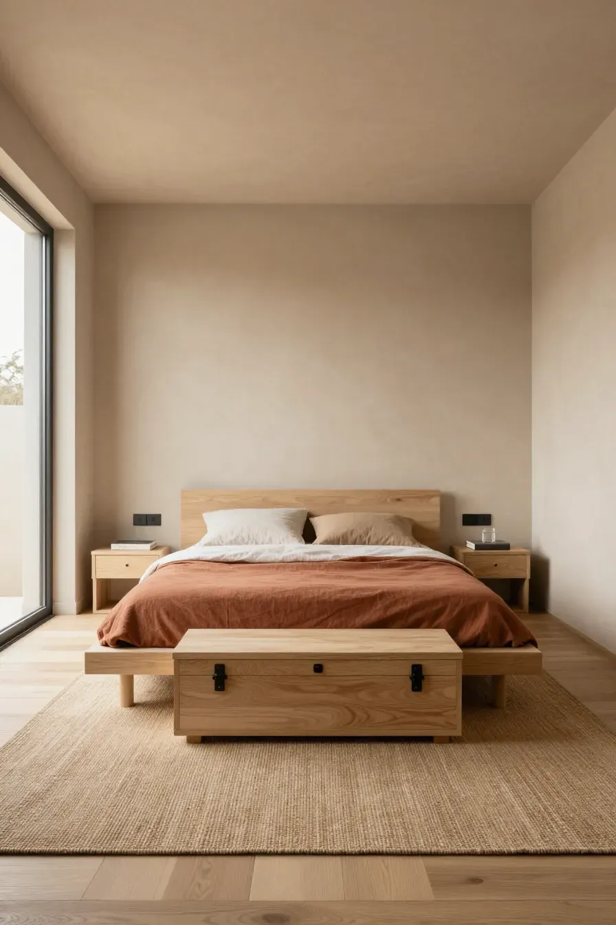 A wide, sunlit minimalist bedroom with earth-toned linens, a wooden trunk, and clutter-free surfaces.