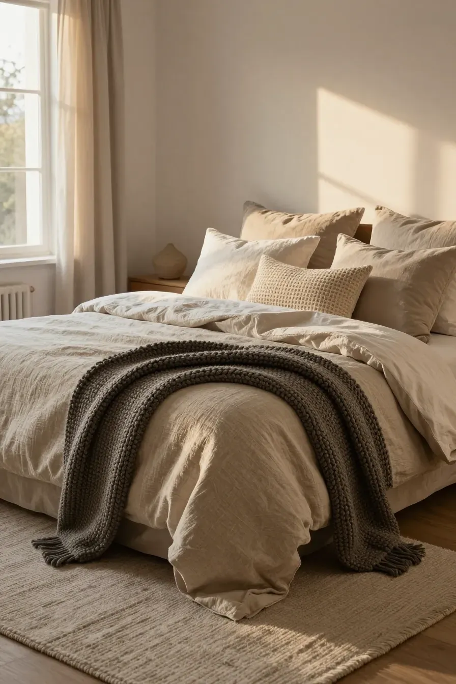 A bed with layered linen duvets and a chunky wool throw in a warm, sunlit room.