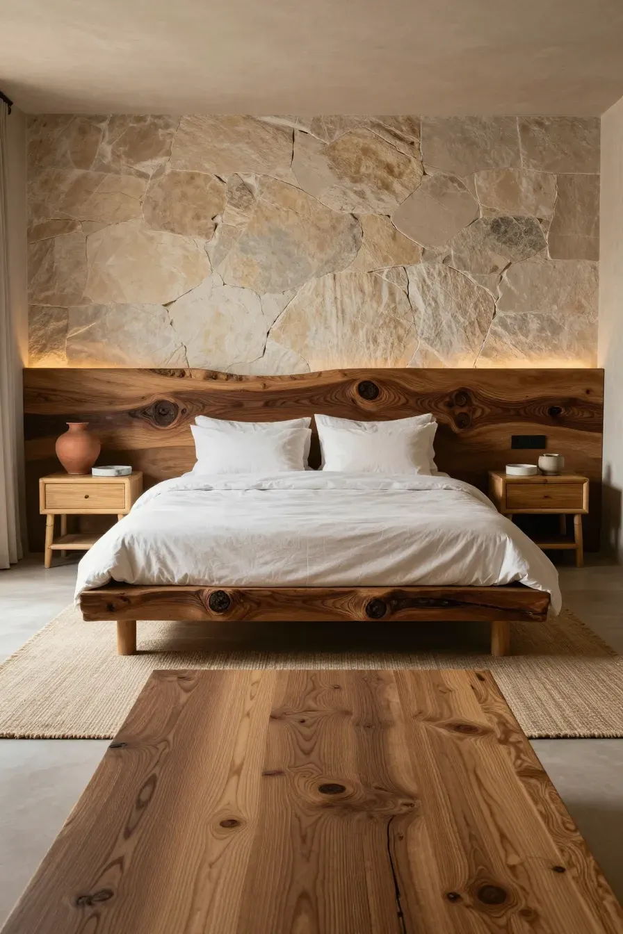 A bedroom featuring a live-edge wooden headboard and stone decor accents on the nightstands.