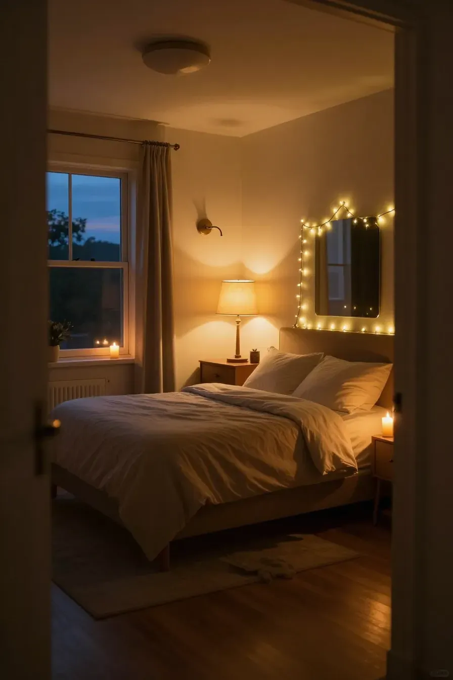 A bedroom at dusk lit by warm bedside lamps and candles, creating a soft golden glow.