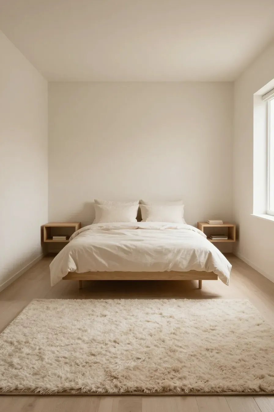 A small, symmetrical bedroom with a centered bed, floating shelves, and a plush area rug.