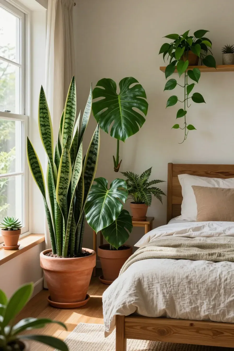 A warm neutral bedroom decorated with a tall snake plant and trailing greenery on shelves.