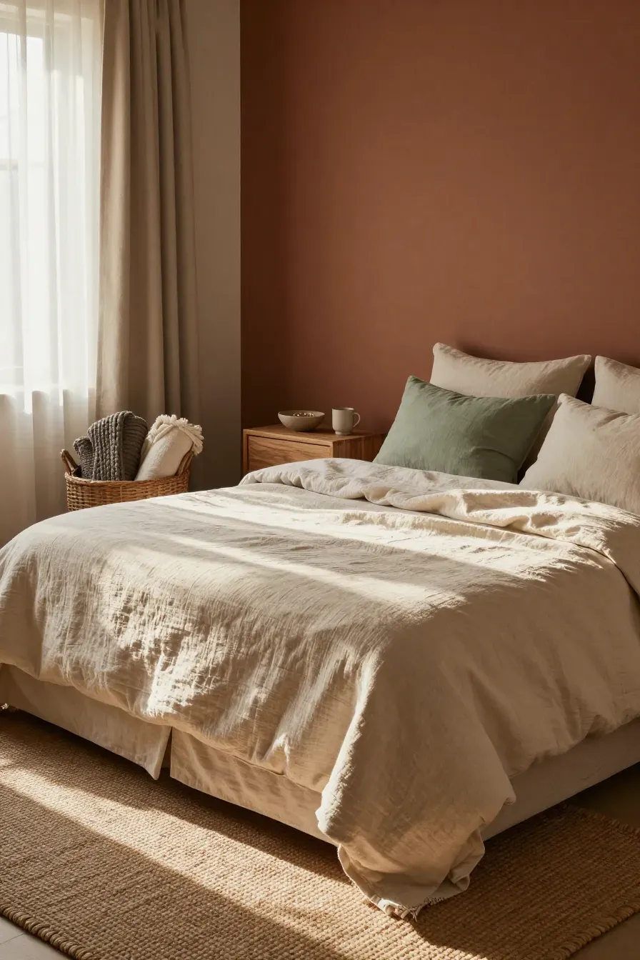 A tidy, warm bedroom with layered wool blankets, oak furniture, and soft golden sunlight.