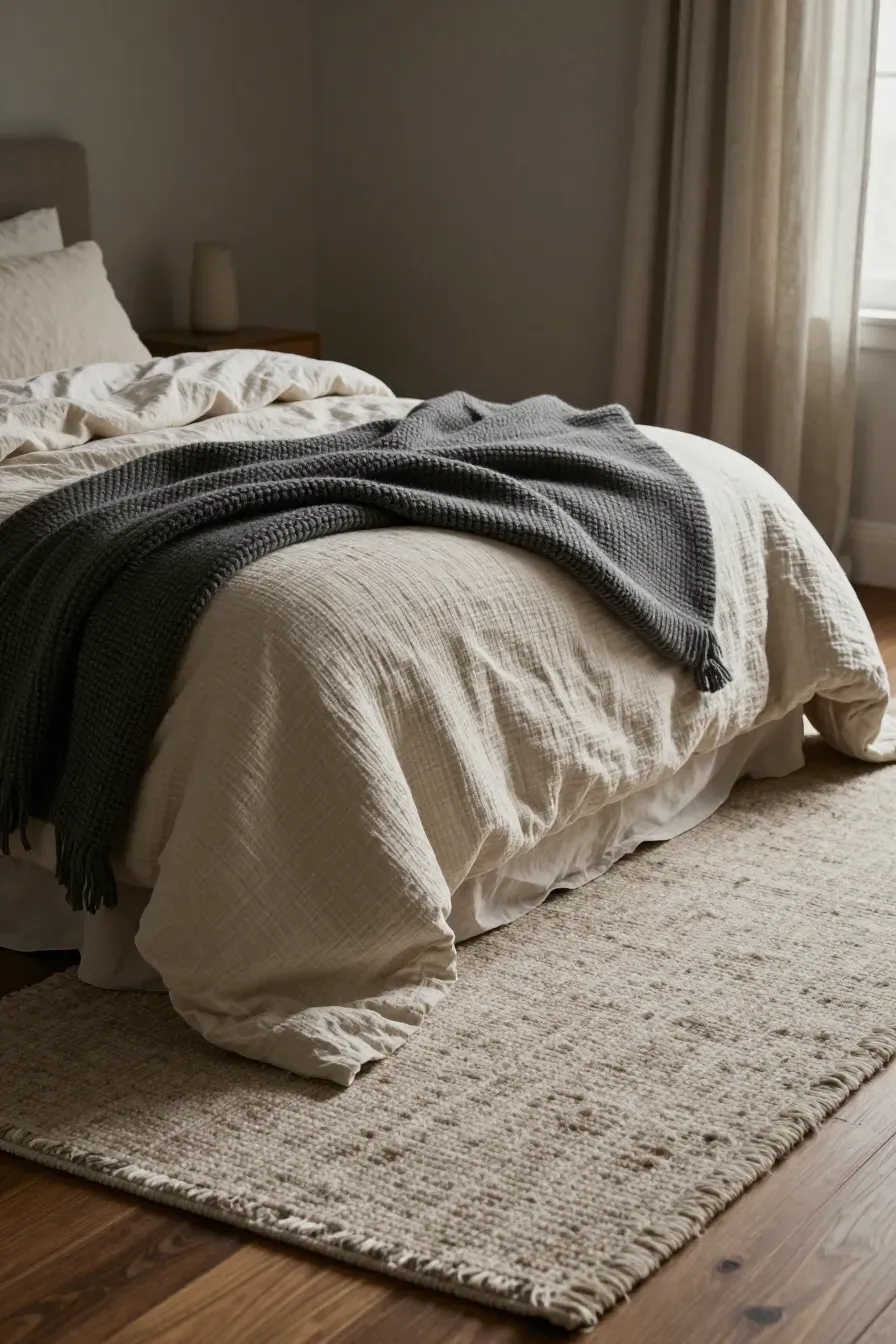 A cozy bed layered with linen sheets, a cotton duvet, and a chunky wool throw rug.
