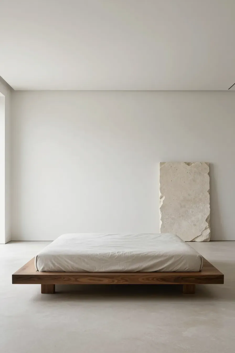 A minimalist bedroom with a low walnut bed frame and a large stone art piece on a white wall.