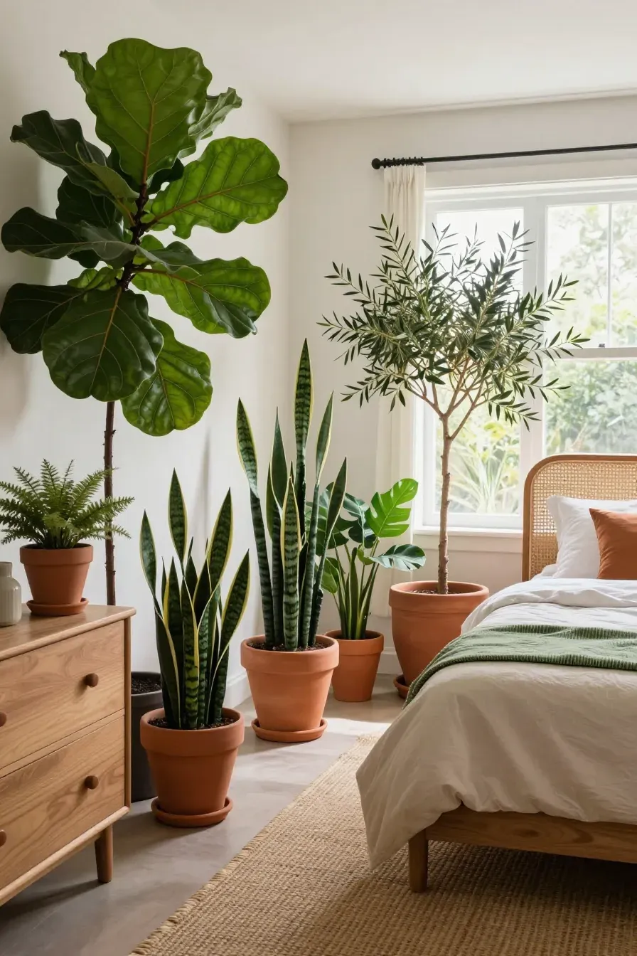 A bedroom filled with indoor plants like a fiddle leaf fig and snake plants in terracotta pots.