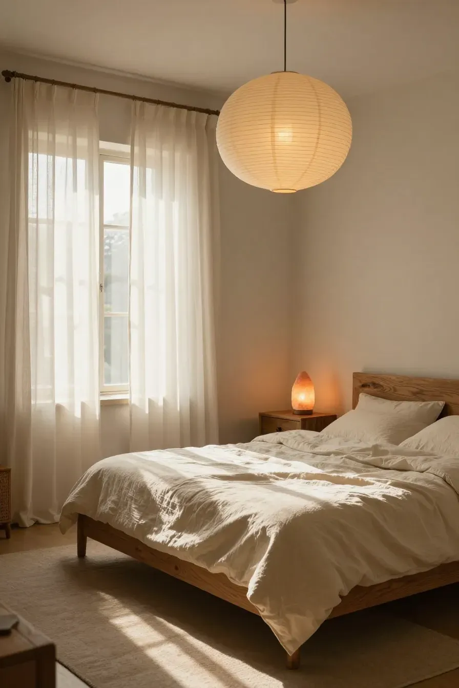 A cozy bedroom with a paper lantern, salt lamp, and sunlight filtering through sheer linen curtains.