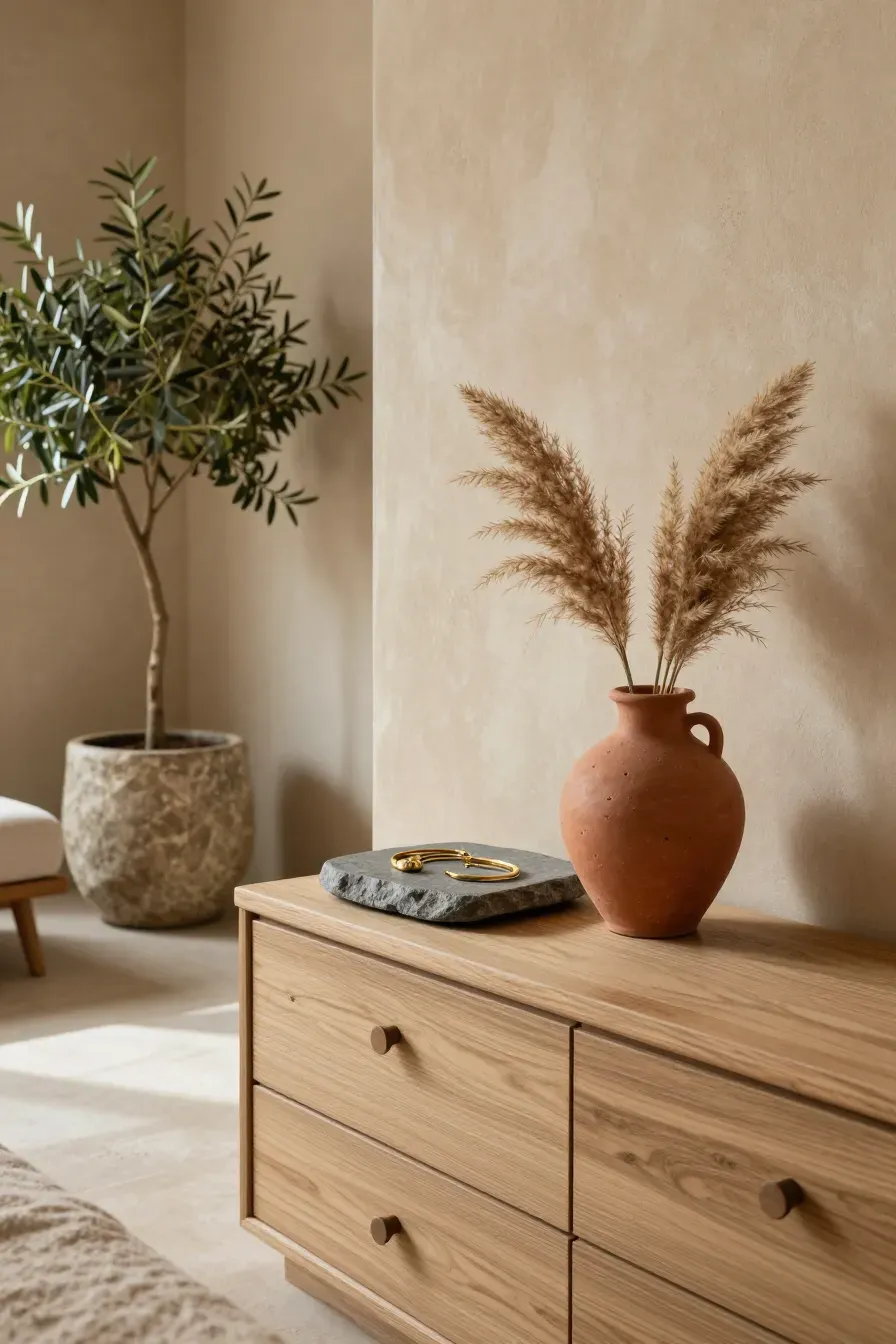 A bedroom dresser with a stone tray and handmade clay vase against a textured lime-wash wall.