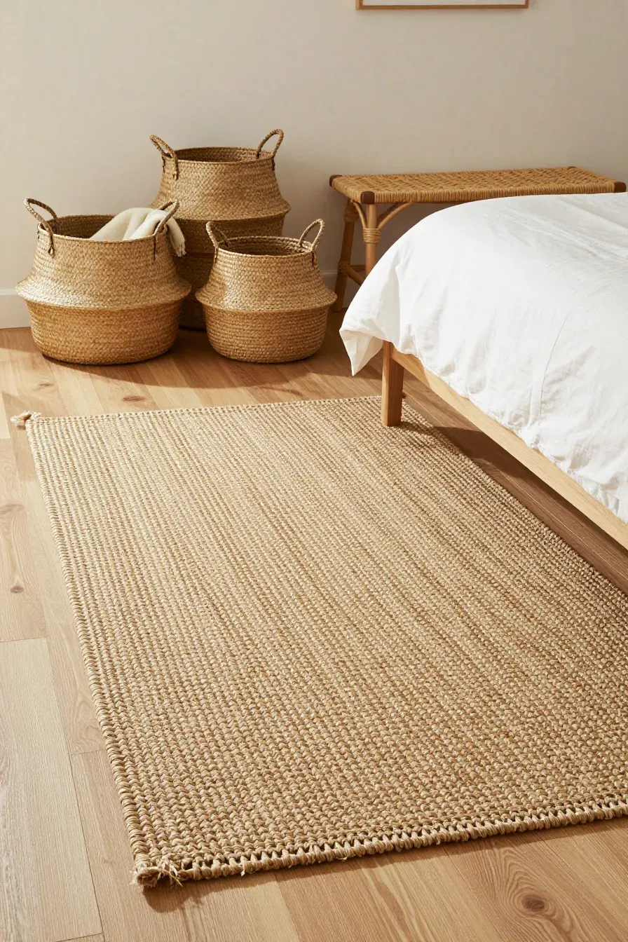 A bedroom featuring a large jute rug and woven seagrass baskets for a natural, organized look.
