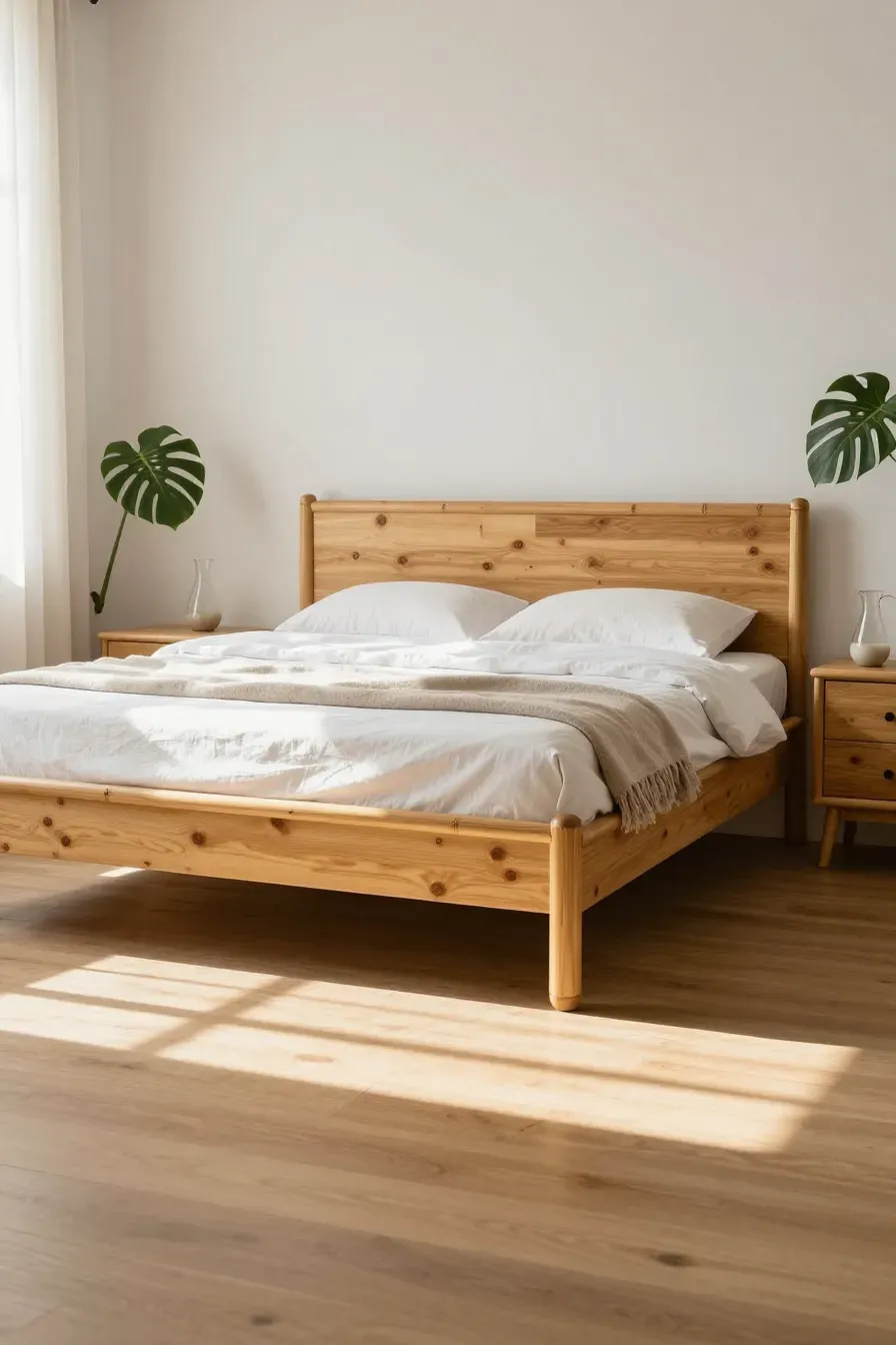 A sturdy solid bamboo bed frame with honey-toned wood grain in a bright, minimalist bedroom.