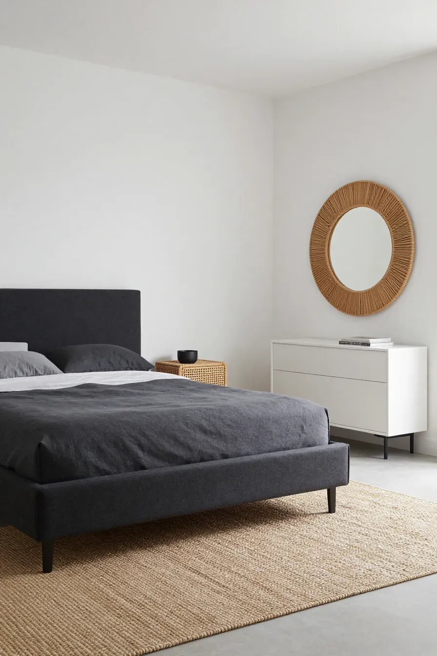 A modern bedroom featuring a charcoal bed paired with woven rattan nightstands and a circular mirror.