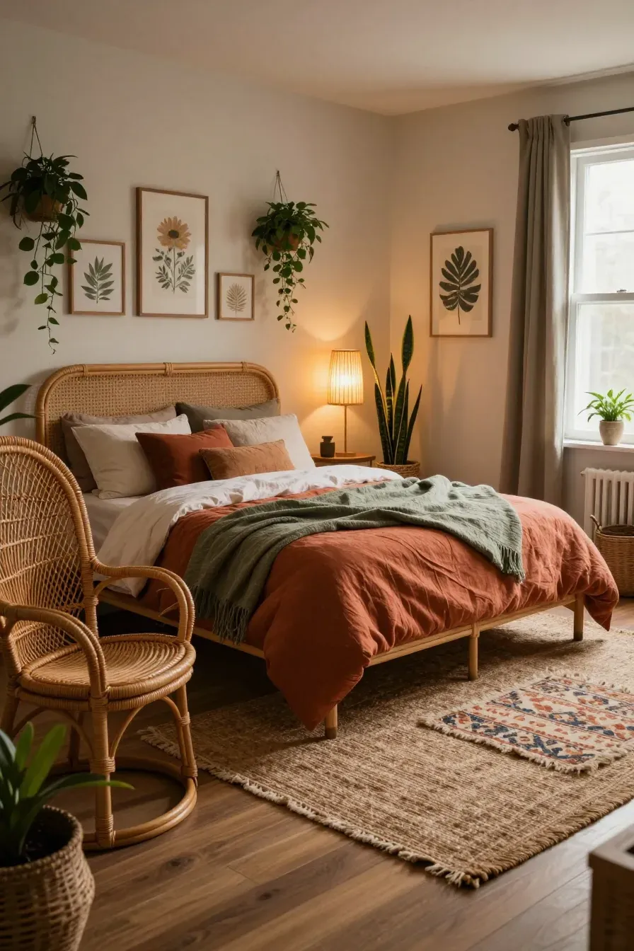 A cozy boho bedroom with a rattan chair, layered textiles, and lush green plants in wicker baskets.