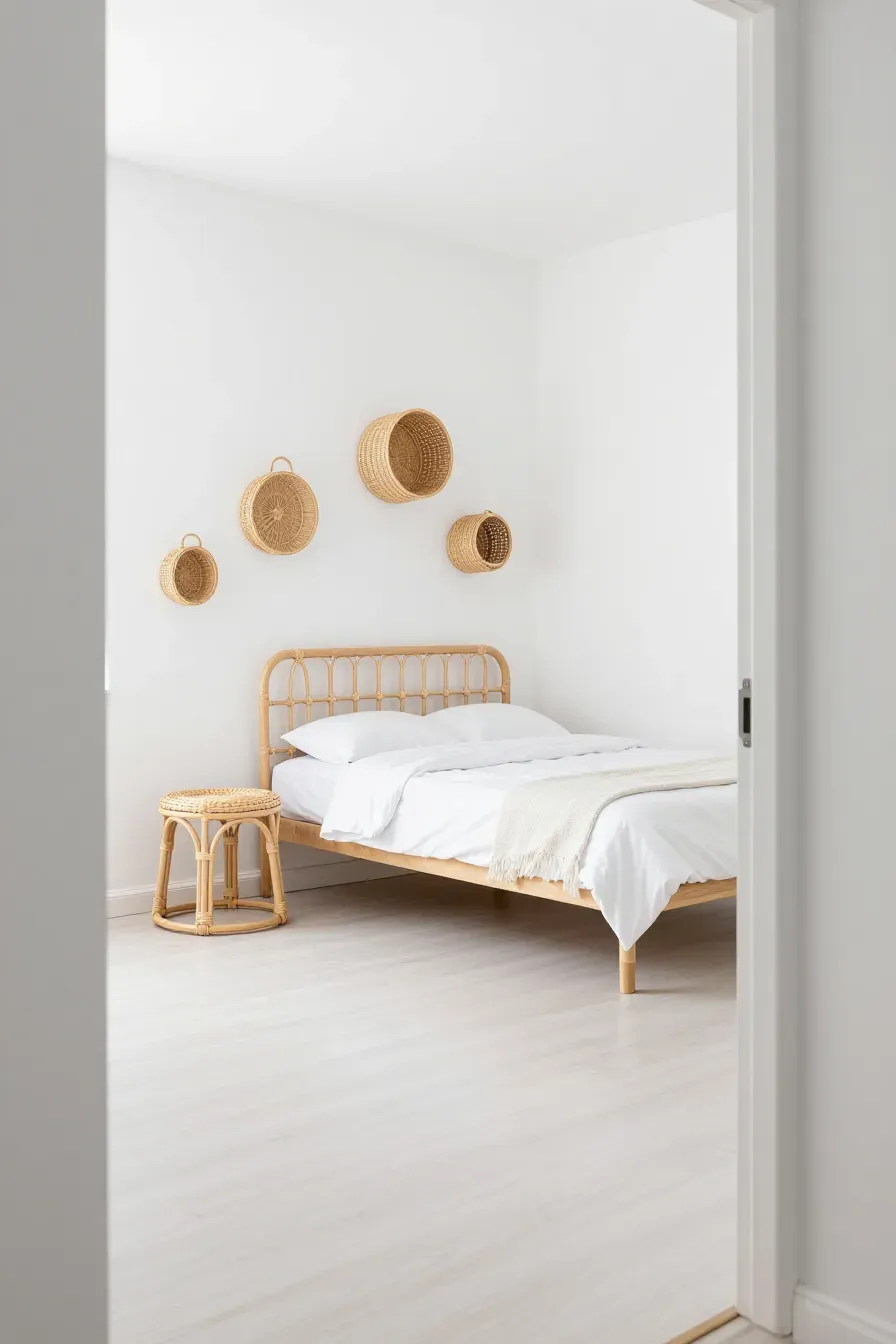 A small, bright bedroom using a thin rattan headboard and stool to create an open, airy feeling.