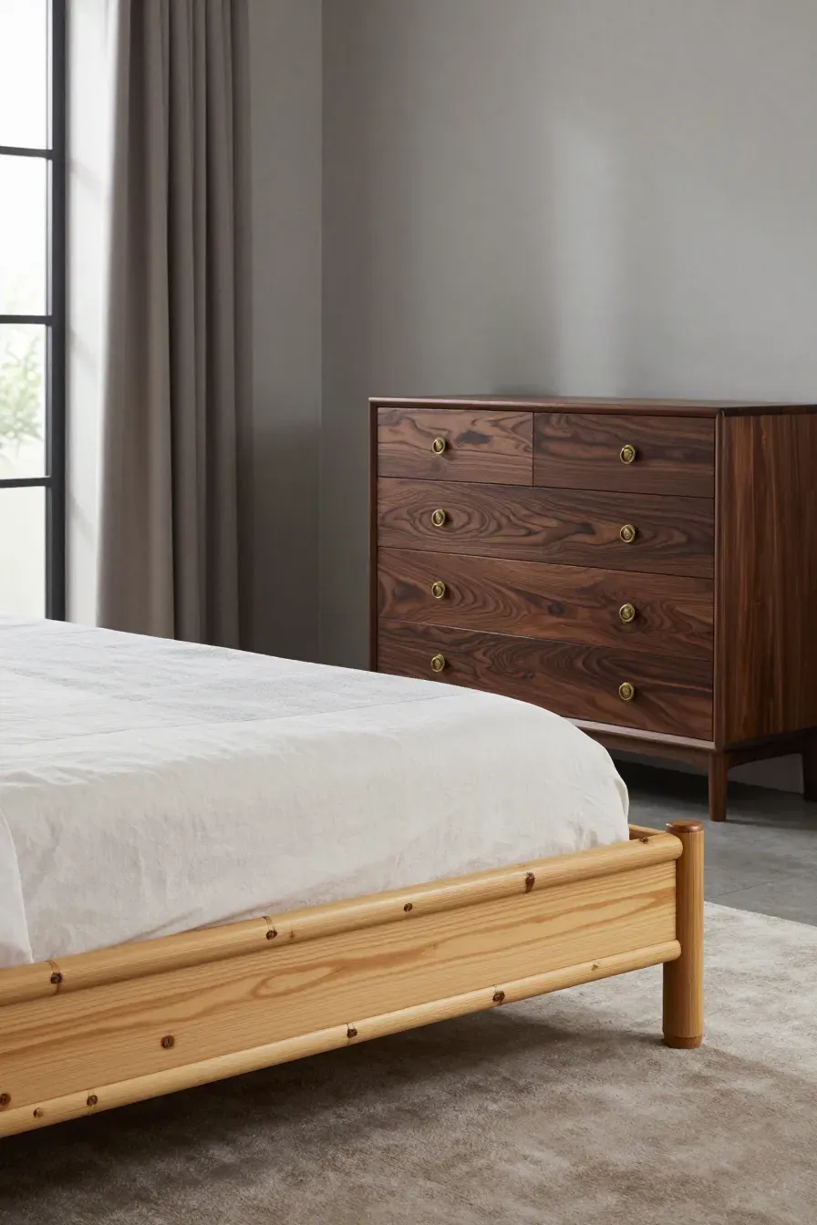 A modern bedroom featuring a light bamboo platform bed contrasted with a dark walnut dresser.