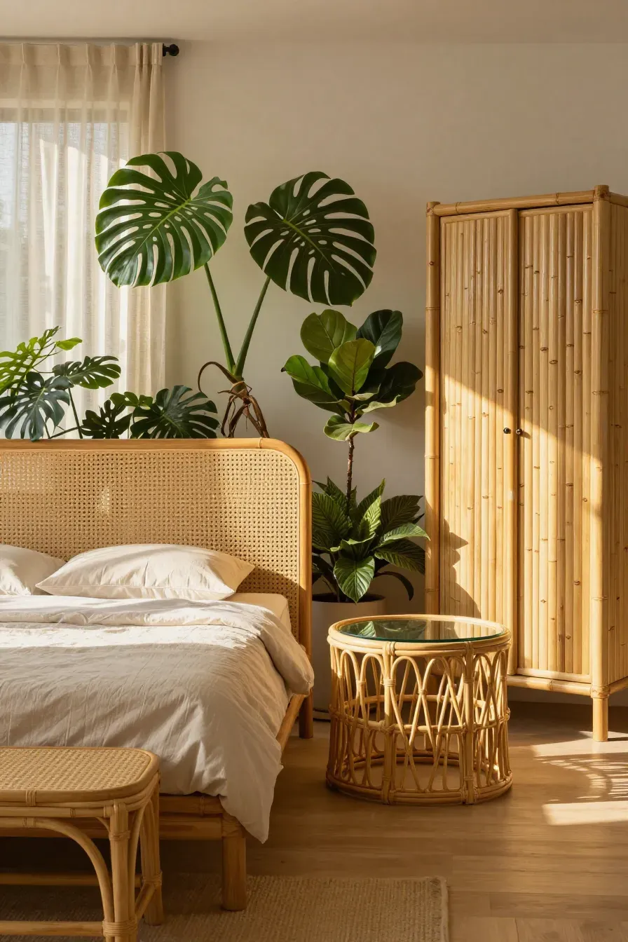 A sunlit bedroom with a woven rattan headboard, bamboo wardrobe, and lush green plants.