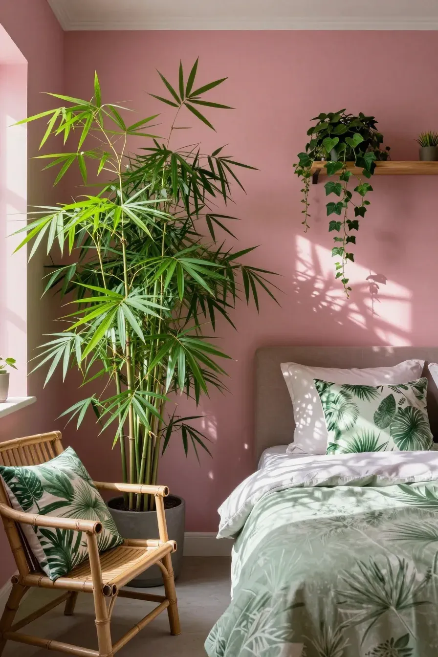 A pink bedroom filled with green plants, including a large potted bamboo and trailing ivy.