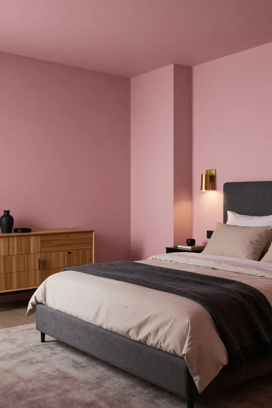 A sophisticated pink bedroom with charcoal accents, brushed brass lamps, and clean modern lines.