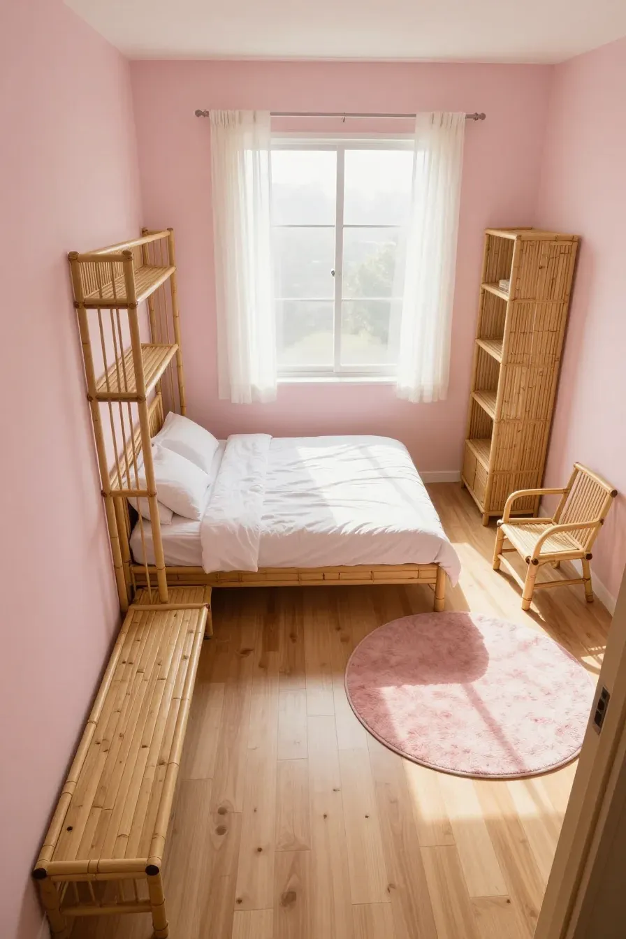 An organized bedroom layout with a bamboo bed, tall shelving, and a cozy reading nook in pink.