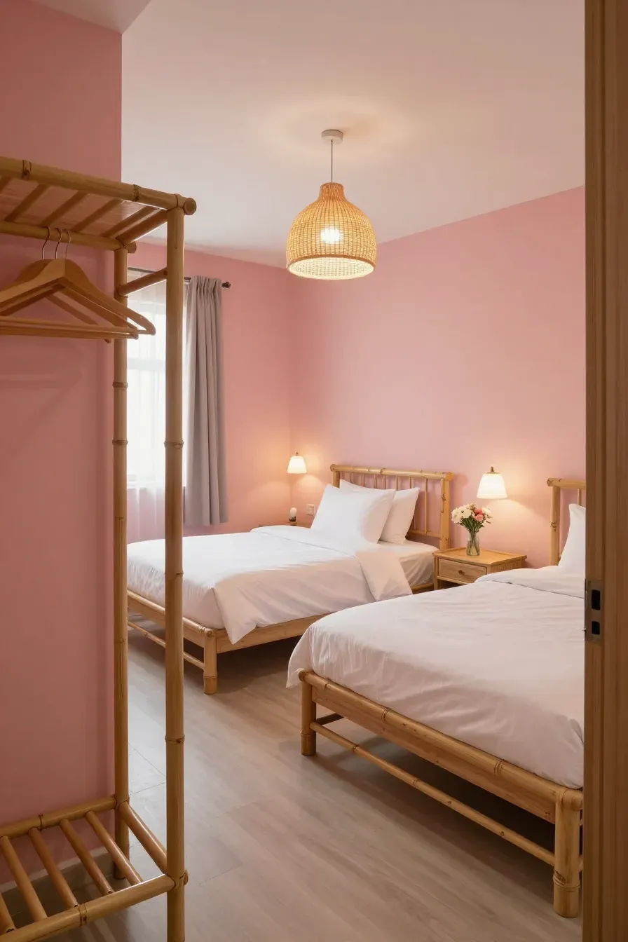 A welcoming guest bedroom with warm pink walls, bamboo beds, and a luggage rack.