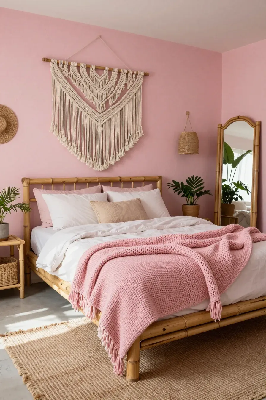 A boho-style pink bedroom with a macramé wall hanging, jute rug, and bamboo furniture.