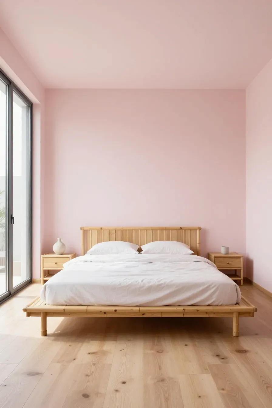A minimalist Japandi bedroom with pale pink walls, a low bamboo bed, and soft natural lighting.