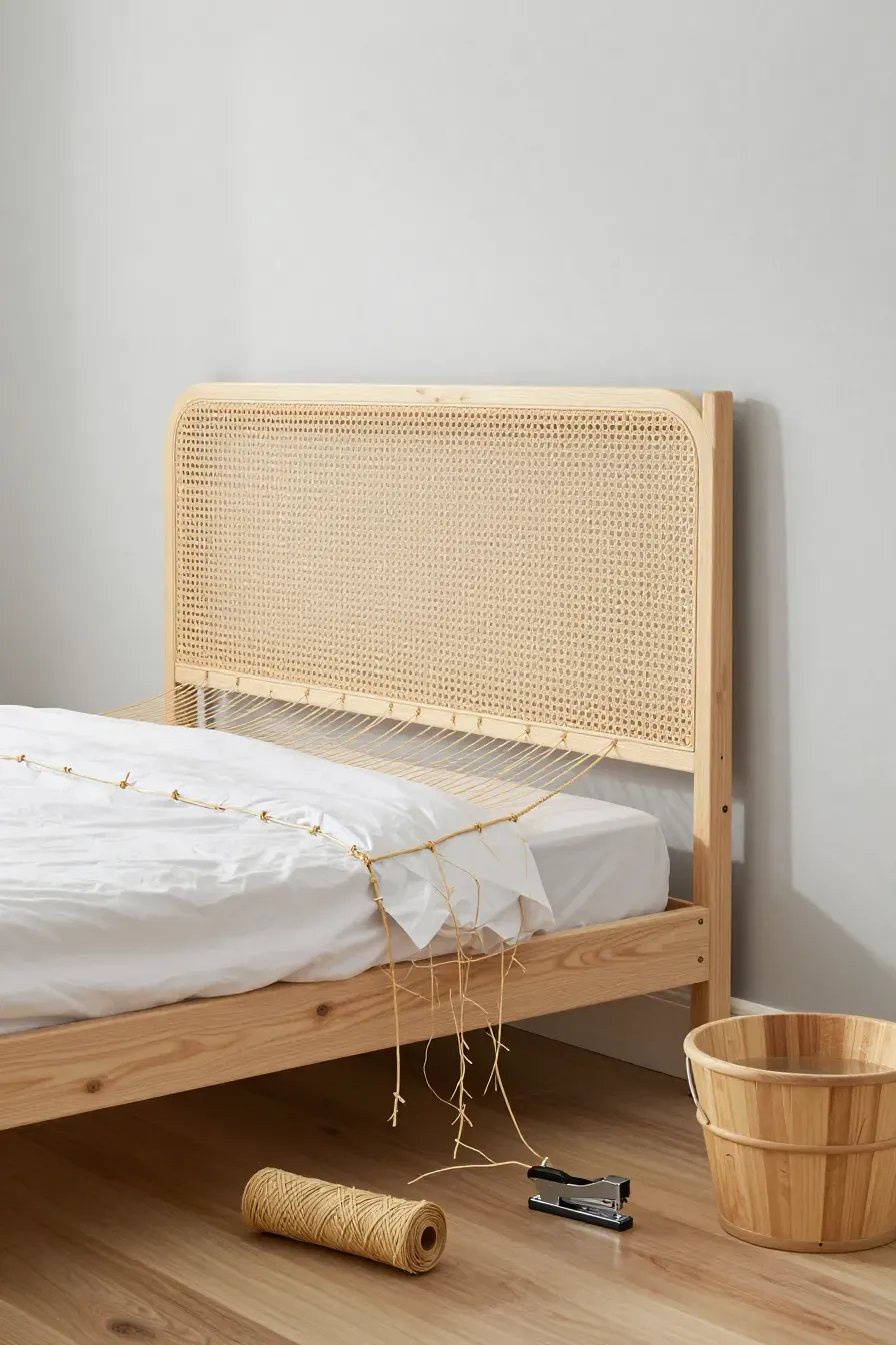 A DIY rattan headboard project showing rattan webbing being attached to a wooden frame.