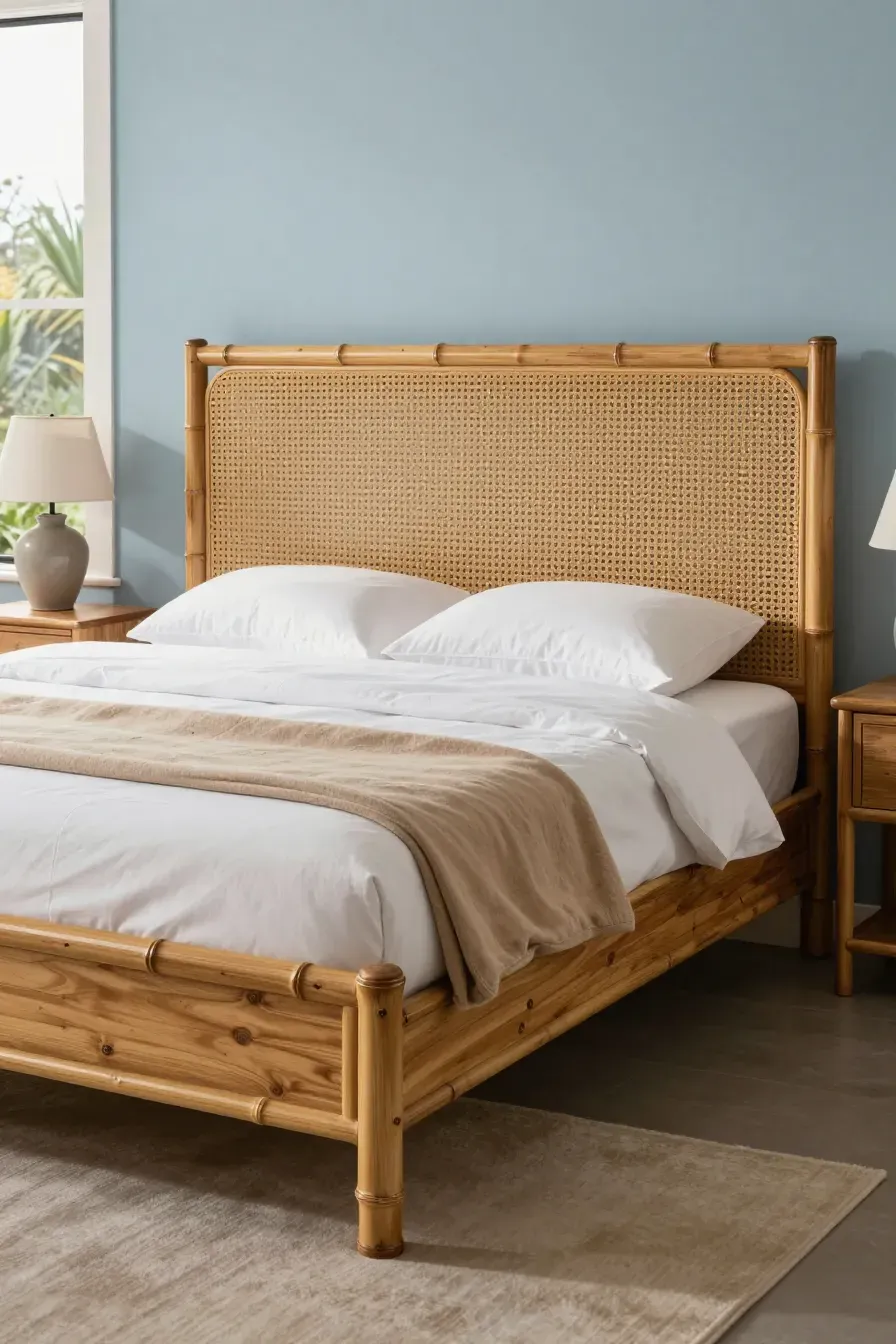 A bedroom featuring a bamboo bed frame paired with a matching honey-toned rattan headboard.